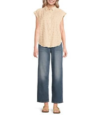 Lucky Brand Woven Floral Print Point Collar Cap Sleeve Button Down Shirt