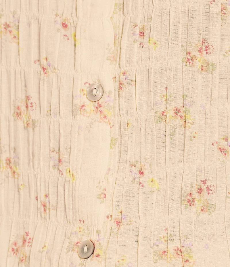 Lucky Brand Woven Floral Print Point Collar Cap Sleeve Button Down Shirt