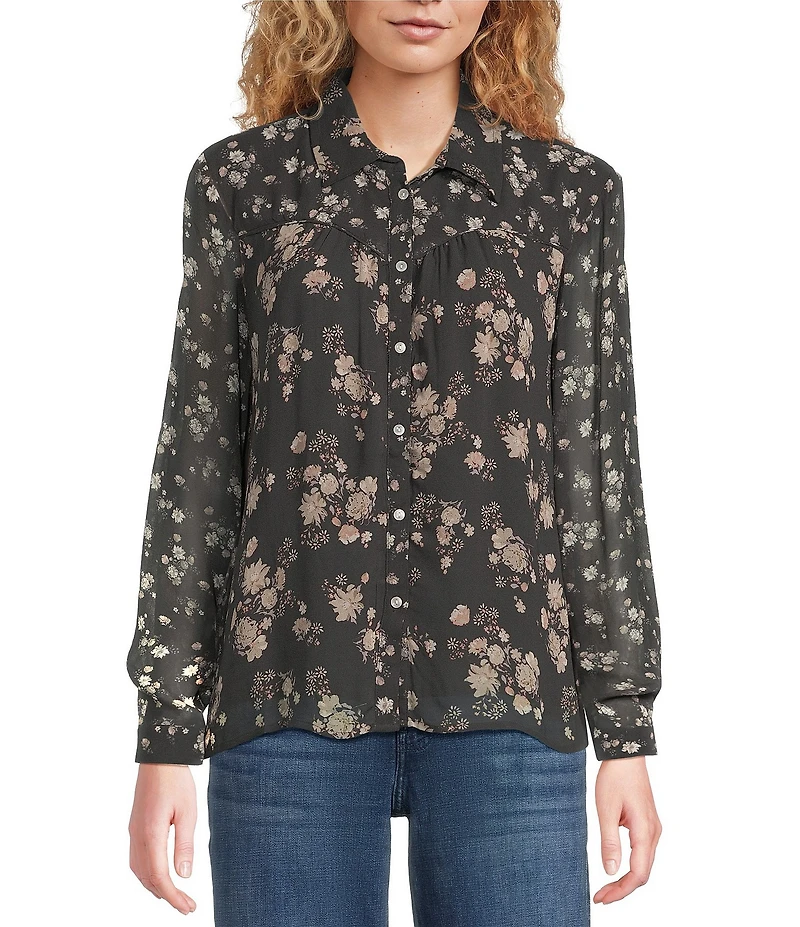 Lucky Brand Woven Floral Print Point Collar Long Sleeve Button Down Shirt