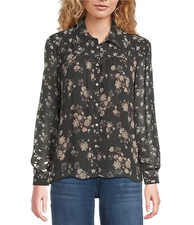 Lucky Brand Woven Floral Print Point Collar Long Sleeve Button Down Shirt
