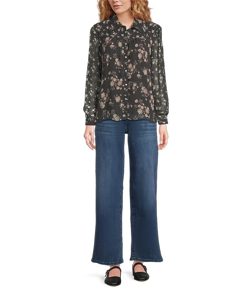 Lucky Brand Woven Floral Print Point Collar Long Sleeve Button Down Shirt