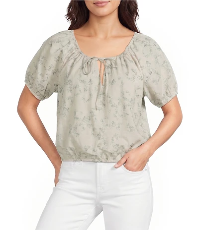 Lucky Brand Woven Floral Print Round Neck Short Sleeve Bubble Top