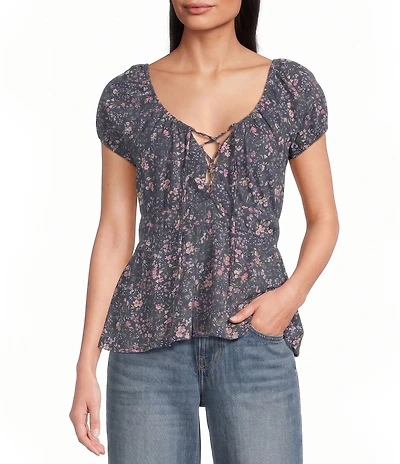 Lucky Brand Woven Floral Print Round Neck Short Sleeve Top