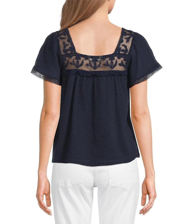 Lucky Brand Woven Mesh Lace Square Neck Short Sleeve Blouse
