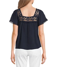 Lucky Brand Woven Mesh Lace Square Neck Short Sleeve Blouse