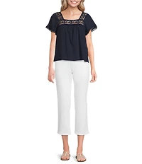 Lucky Brand Woven Mesh Lace Square Neck Short Sleeve Blouse