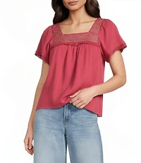 Lucky Brand Woven Mesh Lace Square Neck Short Sleeve Blouse