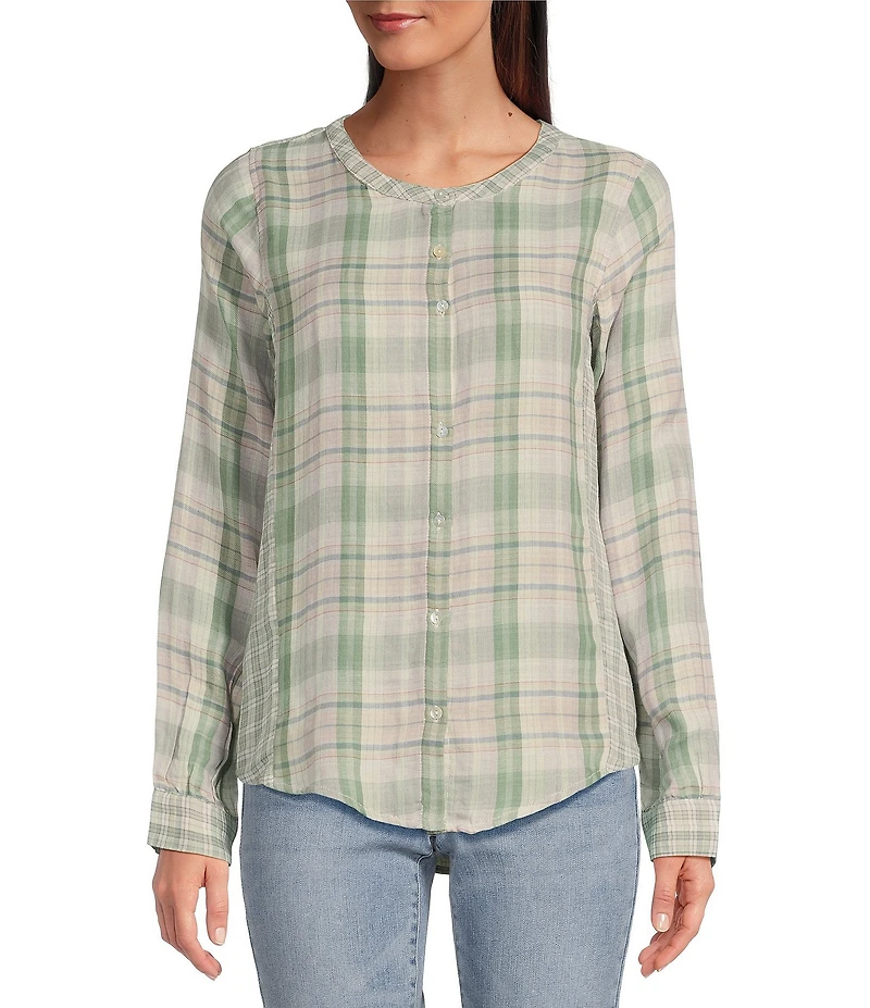 Lucky Brand Woven Plaid Print Henley Neck Long Sleeve Button Front Shirt