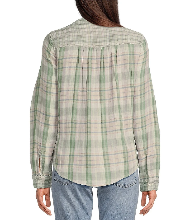 Lucky Brand Woven Plaid Print Henley Neck Long Sleeve Button Front Shirt