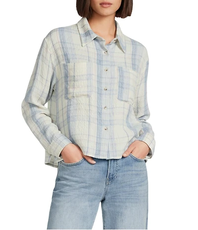 Lucky Brand Woven Plaid Spread Collar Long Sleeve Cropped Shirt