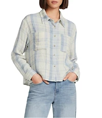 Lucky Brand Woven Plaid Spread Collar Long Sleeve Cropped Shirt