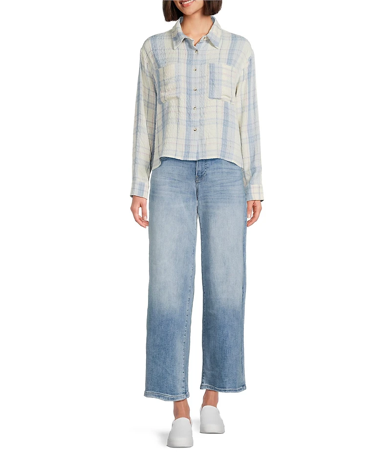 Lucky Brand Woven Plaid Spread Collar Long Sleeve Cropped Shirt