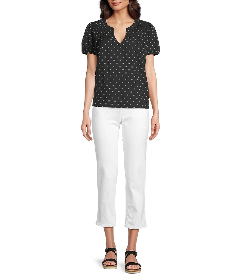 Lucky Brand Woven Polka Dot Split Notch V-Neck Short Puff Sleeve Blouse