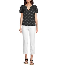 Lucky Brand Woven Polka Dot Split Notch V-Neck Short Puff Sleeve Blouse