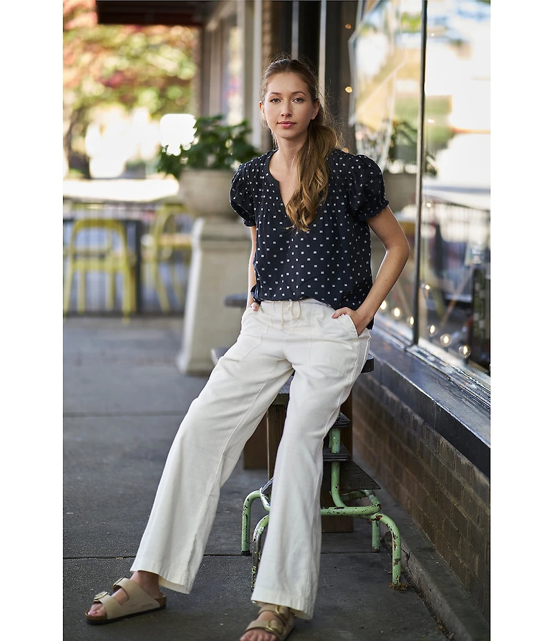 Lucky Brand Woven Polka Dot Split Notch V-Neck Short Puff Sleeve Blouse