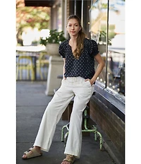 Lucky Brand Woven Polka Dot Split Notch V-Neck Short Puff Sleeve Blouse