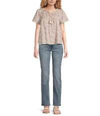 Lucky Brand Woven Printed Round Neck Short Sleeve Top