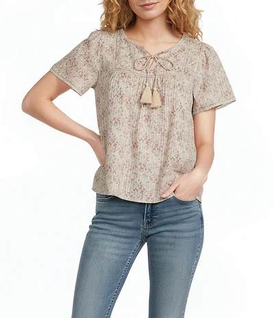 Lucky Brand Woven Printed Round Neck Short Sleeve Top