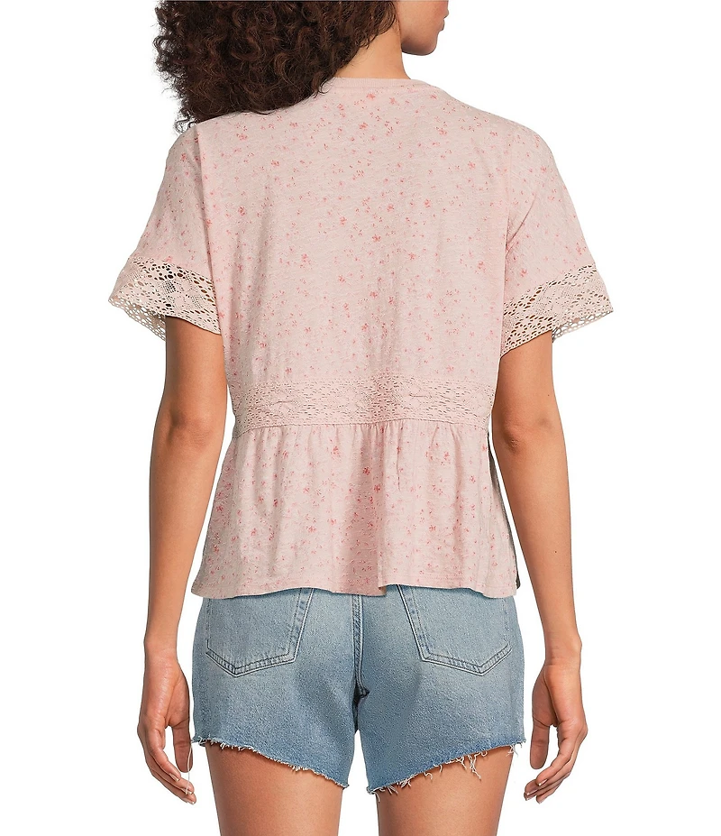 Lucky Brand Woven Round Neck Short Sleeve Lace Trim Tee
