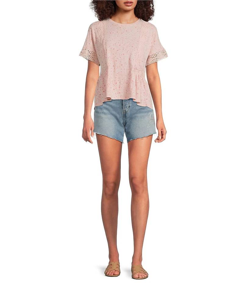 Lucky Brand Woven Round Neck Short Sleeve Lace Trim Tee