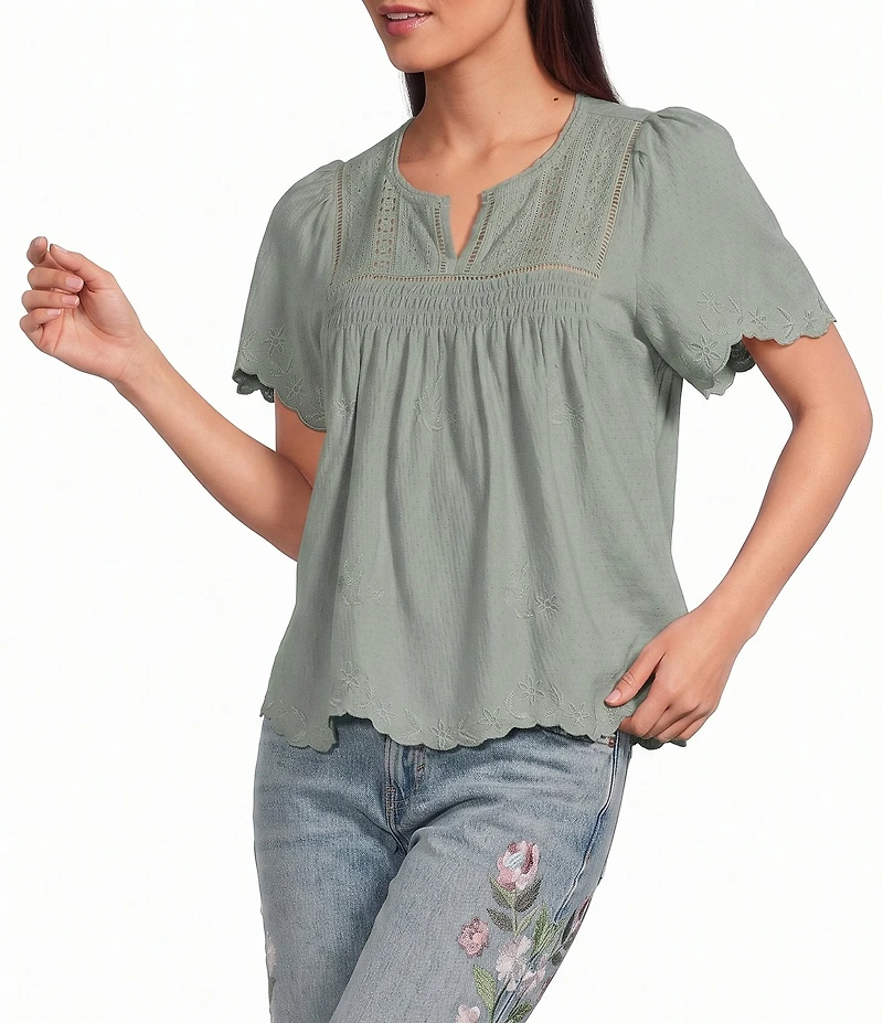 Lucky Brand Woven Split V-Neck Short Sleeve Tee