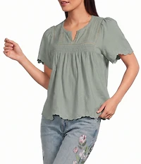 Lucky Brand Woven Split V-Neck Short Sleeve Tee