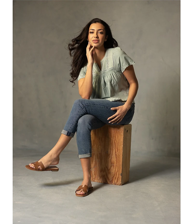Lucky Brand Woven Split V-Neck Short Sleeve Tee