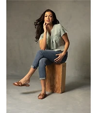 Lucky Brand Woven Split V-Neck Short Sleeve Tee