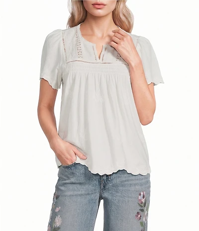 Lucky Brand Woven Split V-Neck Short Sleeve Tee