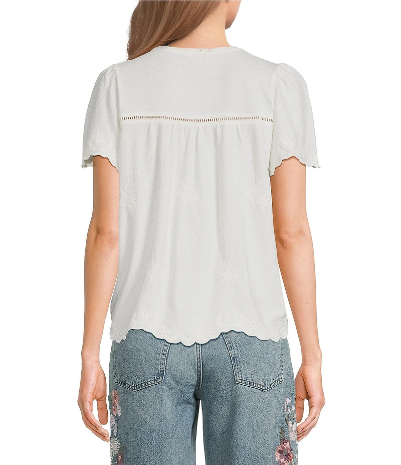 Lucky Brand Woven Split V-Neck Short Sleeve Tee