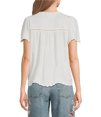 Lucky Brand Woven Split V-Neck Short Sleeve Tee