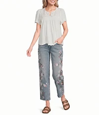 Lucky Brand Woven Split V-Neck Short Sleeve Tee