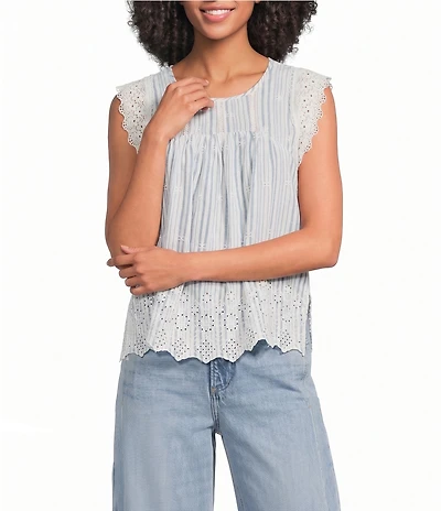 Lucky Brand Woven Stripe Lace Round Neck Cap Sleeve Top