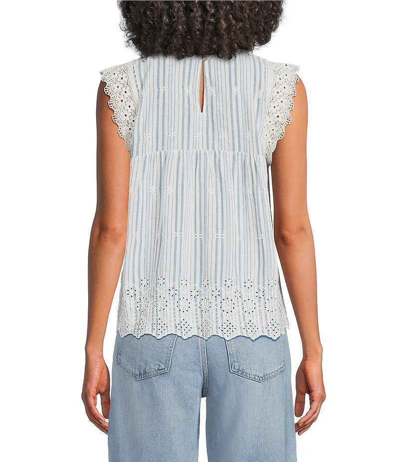 Lucky Brand Woven Stripe Lace Round Neck Cap Sleeve Top