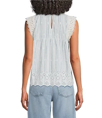Lucky Brand Woven Stripe Lace Round Neck Cap Sleeve Top