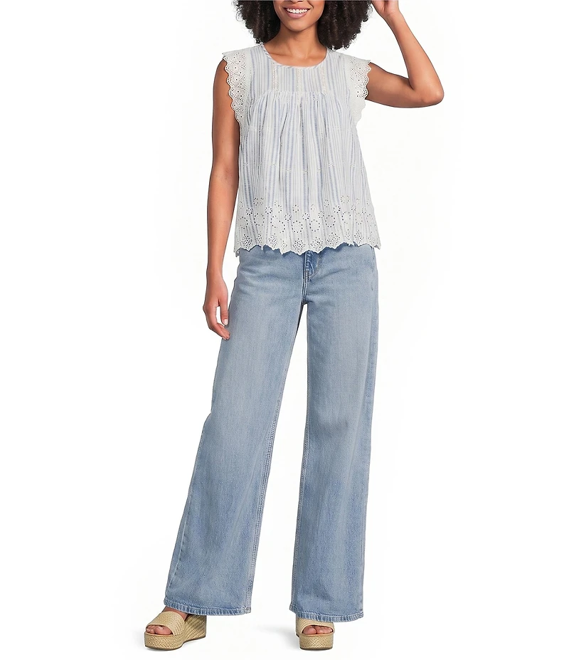 Lucky Brand Woven Stripe Lace Round Neck Cap Sleeve Top