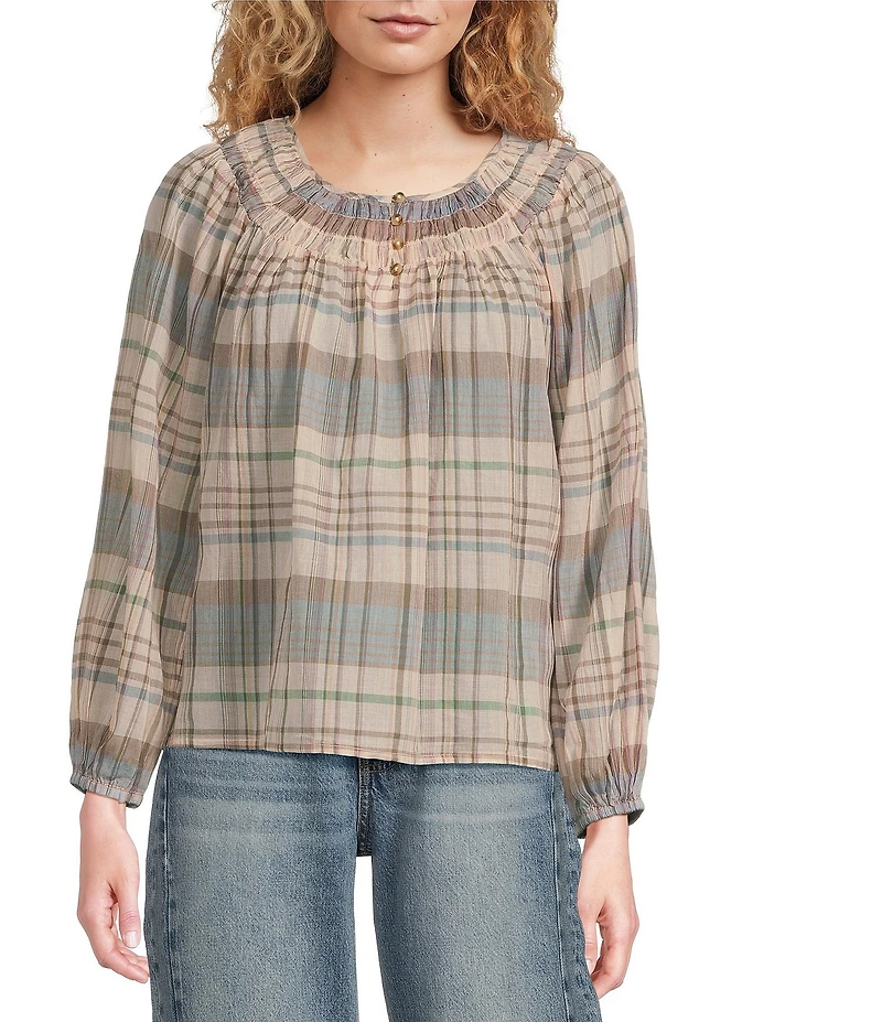 Lucky Brand Woven Stripe Print Round Neck Long Sleeve Button-Front Top