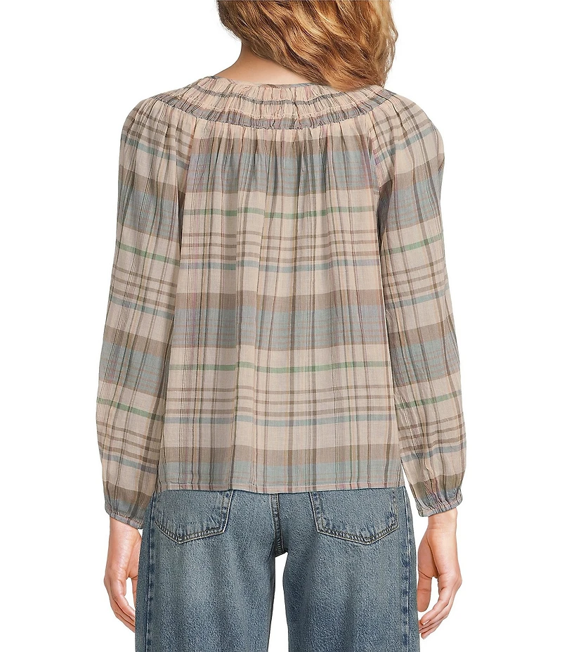 Lucky Brand Woven Stripe Print Round Neck Long Sleeve Button-Front Top