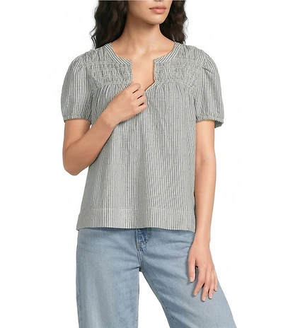 Lucky Brand Woven Striped Split Neck Short Sleeve Top