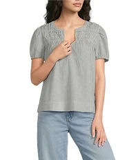 Lucky Brand Woven Striped Split Neck Short Sleeve Top
