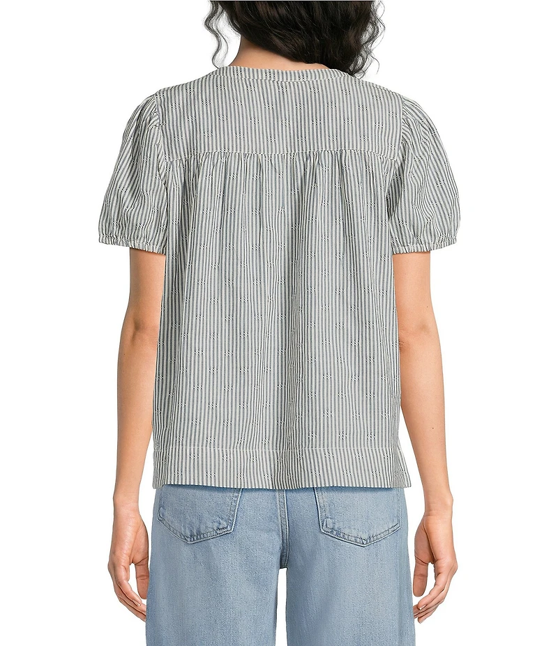 Lucky Brand Woven Striped Split Neck Short Sleeve Top
