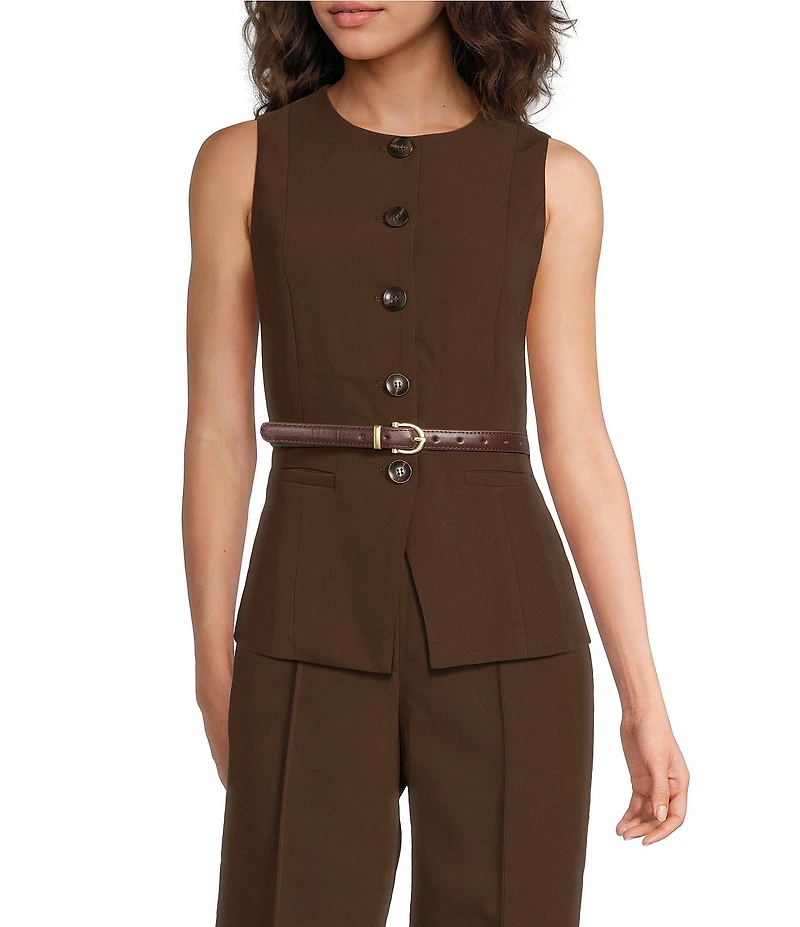 Lucy Paris Anna Woven Scoop Neck Sleeveless Belted Button Front Vest