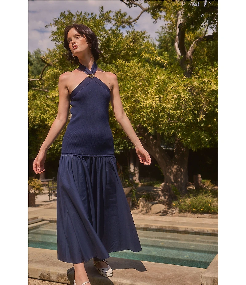 Lucy Paris Areella Halter Neck Sleeveless Mixed Media Midi Dress