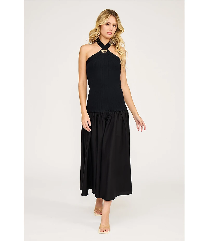 Lucy Paris Areella Halter Neck Sleeveless Mixed Media Midi Dress