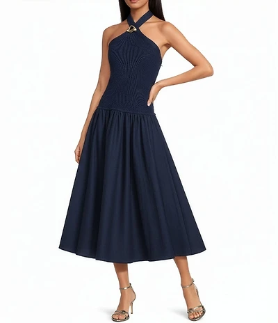 Lucy Paris Areella Halter Neck Sleeveless Mixed Media Midi Dress