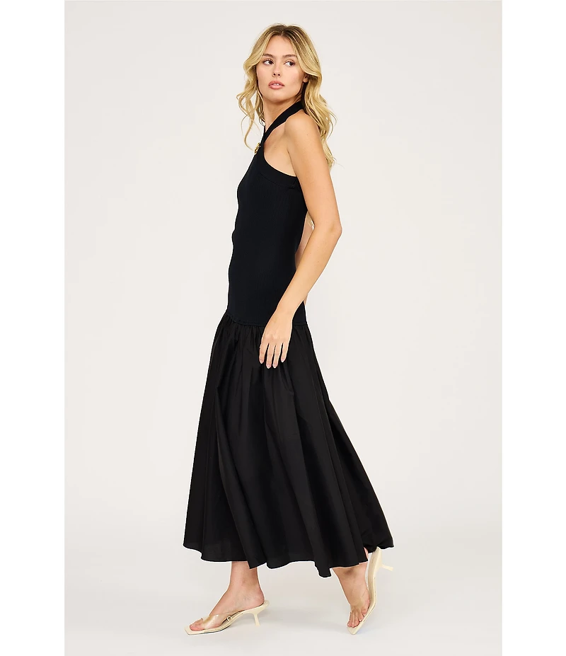Lucy Paris Areella Halter Neck Sleeveless Mixed Media Midi Dress