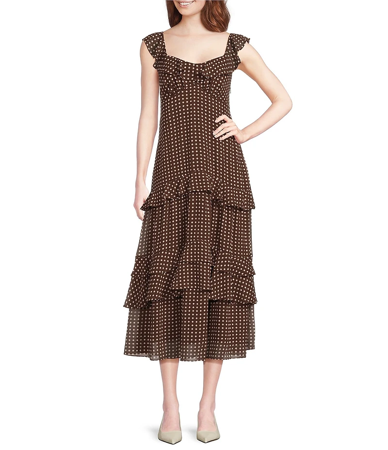Lucy Paris Cassandra Dotted Chiffon Sweetheart Neck Sleeveless Ruffle Tiered Midi Dress