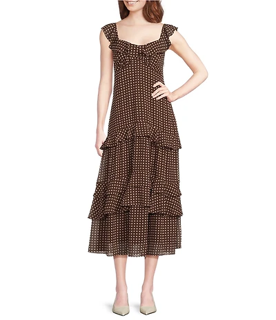 Lucy Paris Cassandra Dotted Chiffon Sweetheart Neck Sleeveless Ruffle Tiered Midi Dress