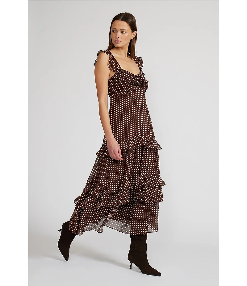 Lucy Paris Cassandra Dotted Chiffon Sweetheart Neck Sleeveless Ruffle Tiered Midi Dress