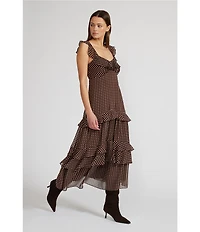Lucy Paris Cassandra Dotted Chiffon Sweetheart Neck Sleeveless Ruffle Tiered Midi Dress